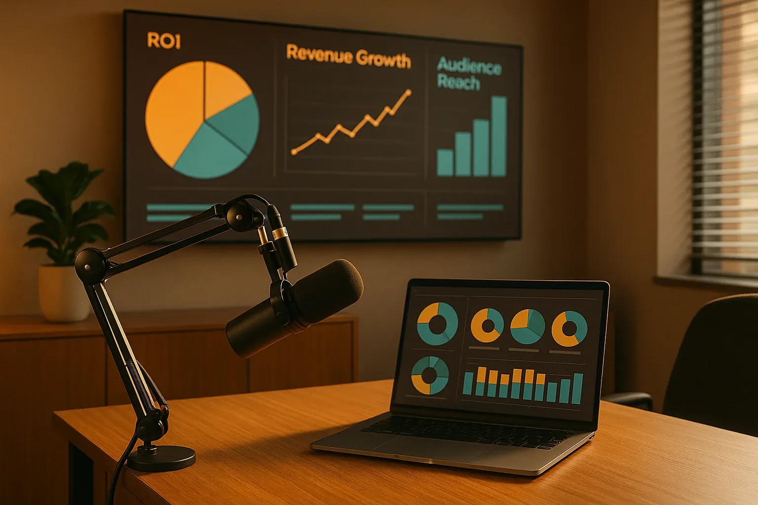 Modern radio sales office with data dashboards showing advertising ROI metrics and revenue charts alongside broadcast equipment in warm professional lighting