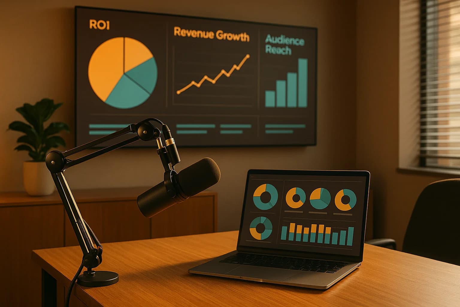 Modern radio sales office with data dashboards showing advertising ROI metrics and revenue charts alongside broadcast equipment in warm professional lighting