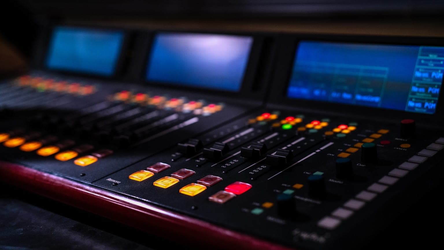 Professional audio mixing console with illuminated buttons used in radio broadcasting