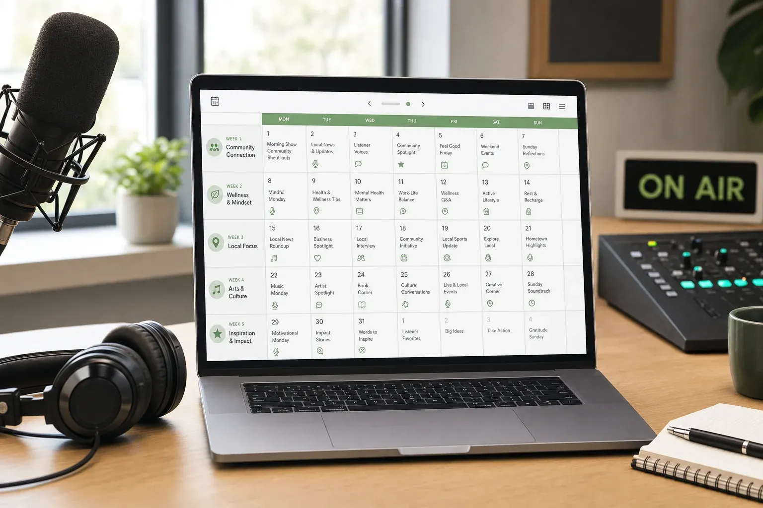 Radio content calendar interface showing weekly themes and daily segment ideas with a broadcast microphone and green accent controls