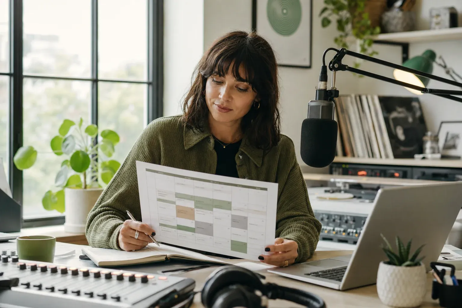 A radio programmer reviewing a generated monthly content calendar at a tidy broadcast desk next to a studio microphone and laptop, organized and unhurried, soft natural light