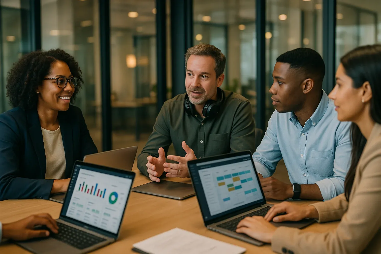 Radio sales team and programming director collaborating around a conference table with laptops showing digital revenue dashboards and content calendars in a modern office with warm lighting