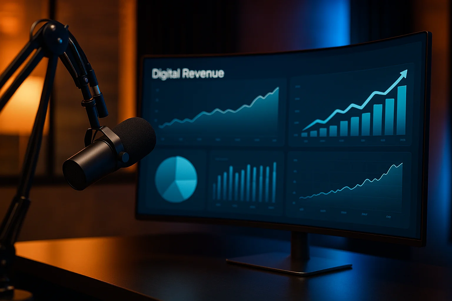 Radio station digital revenue dashboard showing content-driven analytics including website traffic social media metrics and podcast downloads on a modern broadcast studio monitor