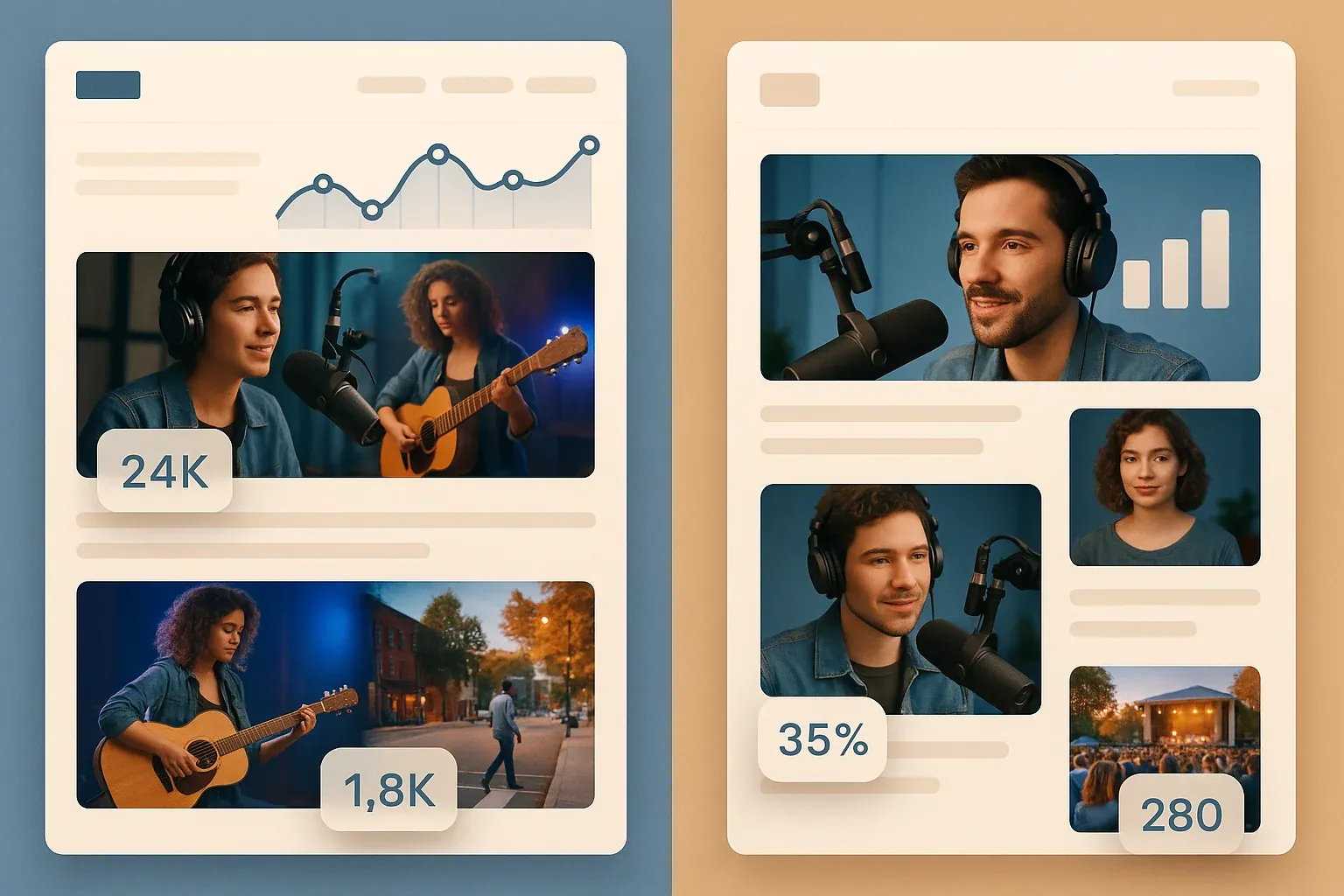Radio station website and newsletter email displayed side by side showing local content with analytics overlays for traffic and engagement metrics in modern blue and amber design