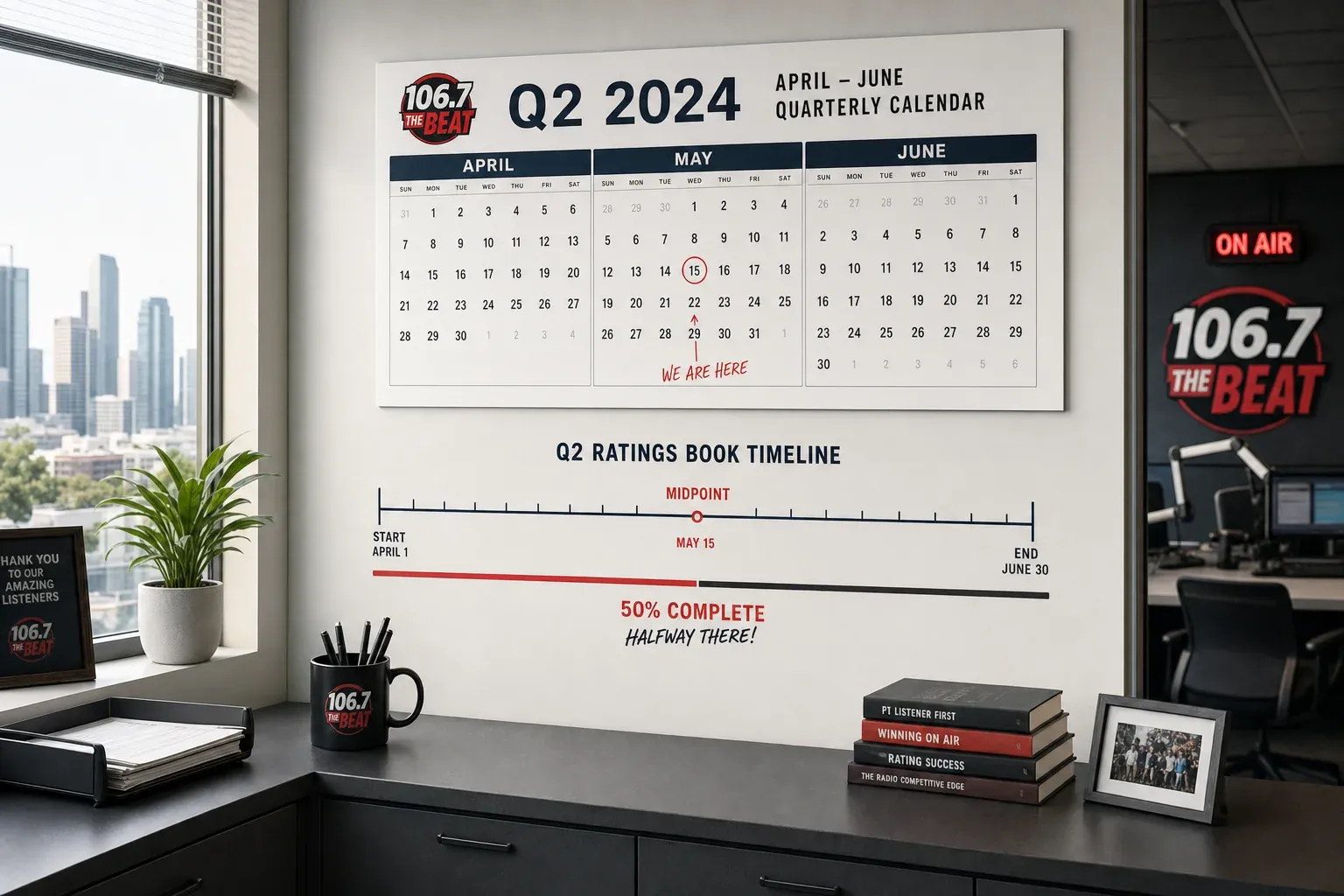 A quarter timeline with the midpoint marked, illustrating the mid-book decision window in a radio ratings period