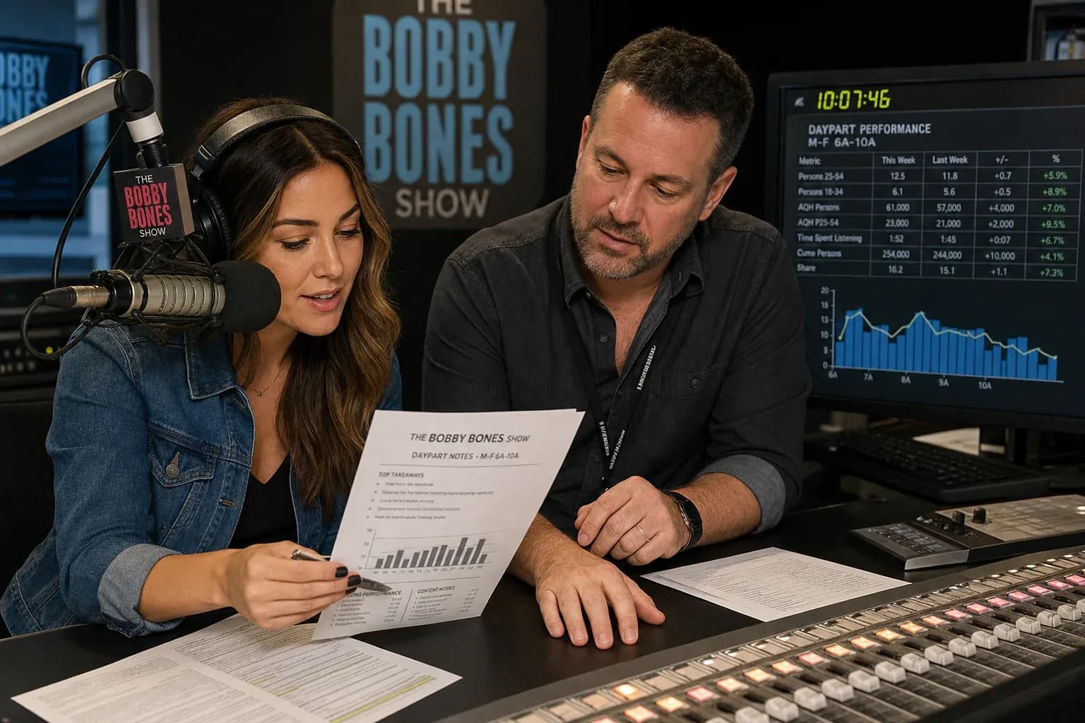 A radio host and program director reviewing daypart performance notes together at the studio console mid-book