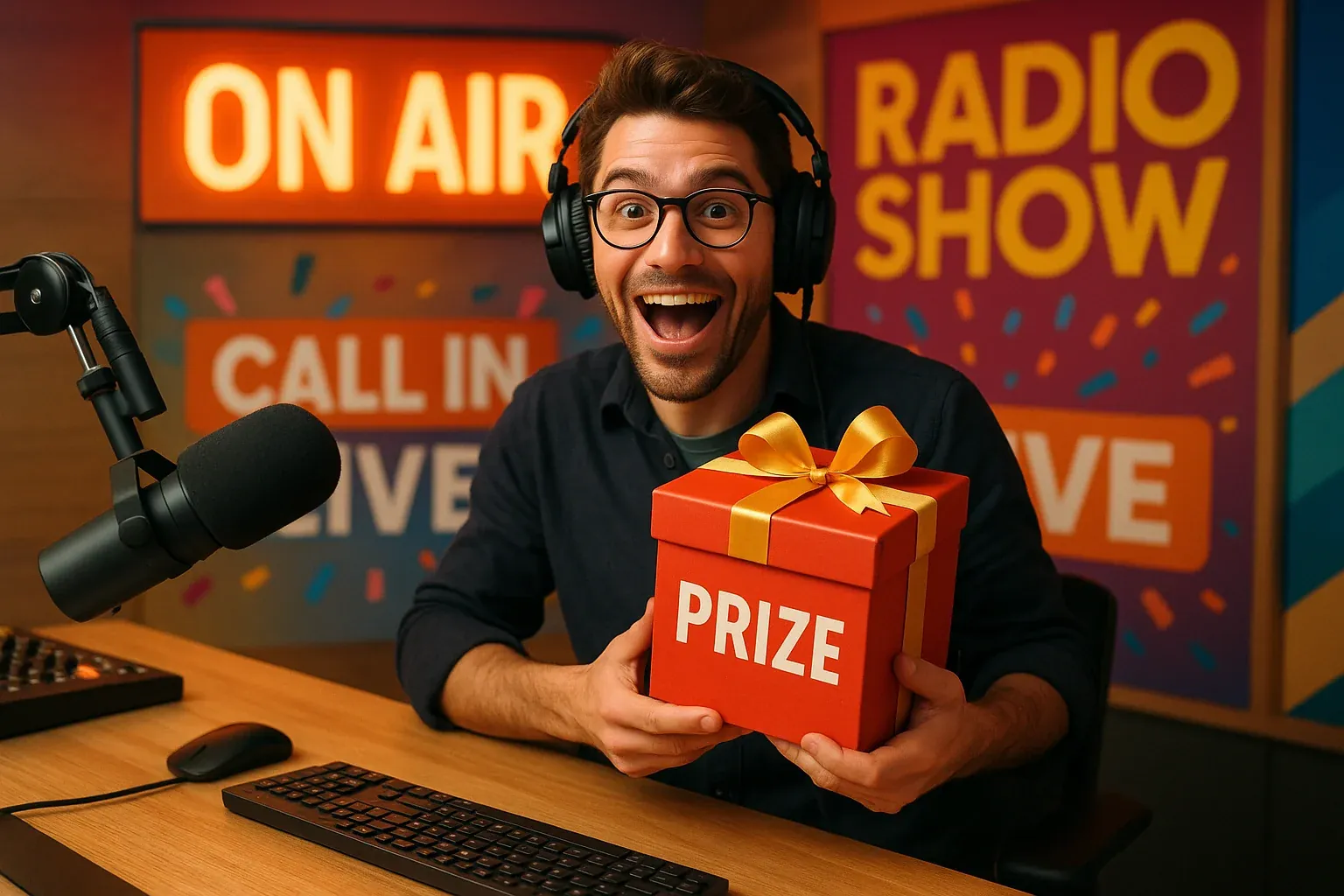 Excited radio host at a broadcast desk holding a prize box, modern radio studio with colorful promotional signage, warm energetic lighting, microphone in foreground, audience engagement and celebration atmosphere, professional yet fun