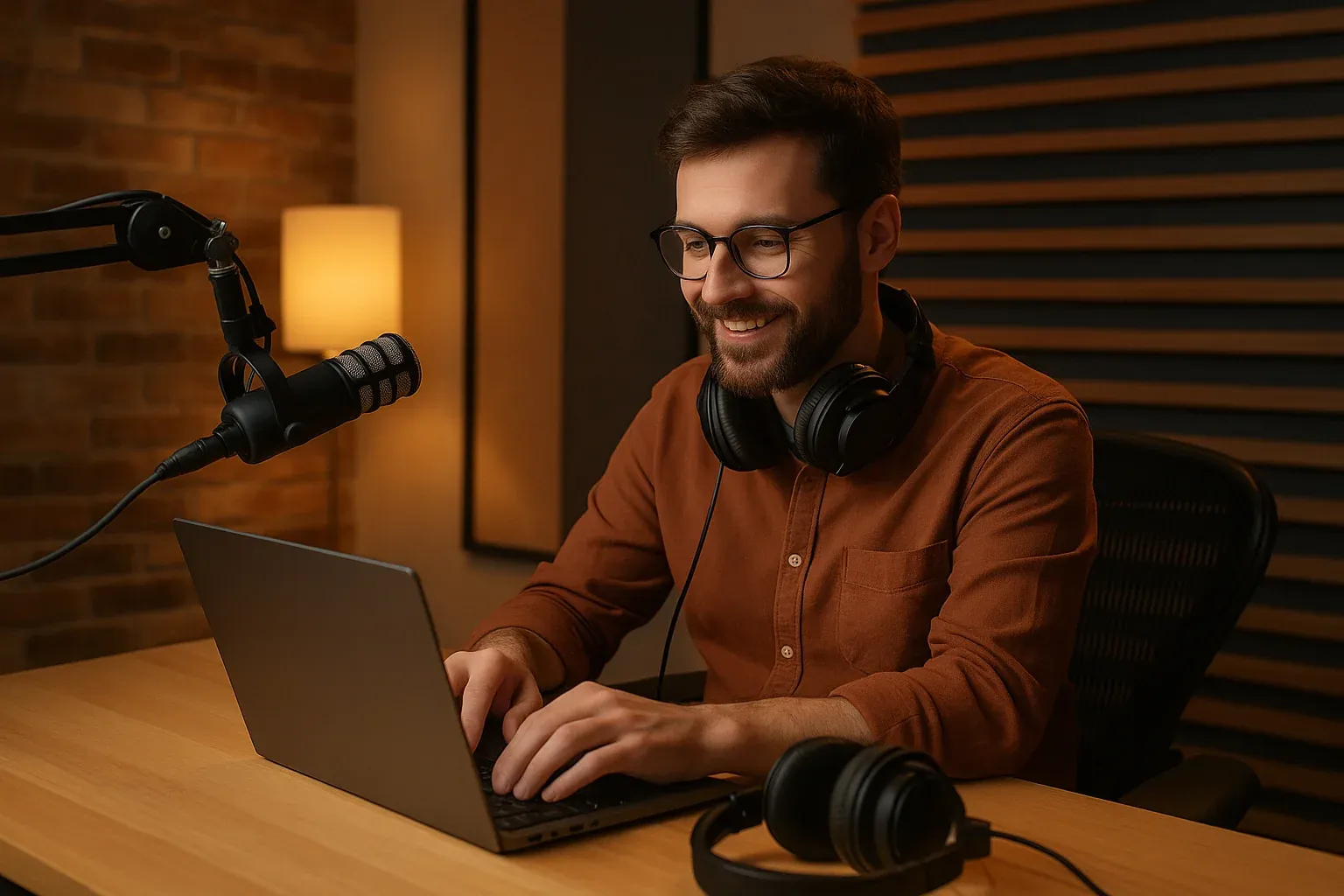 Radio host creating digital content on a laptop at a modern studio desk with professional microphone and headphones nearby in warm inviting atmosphere
