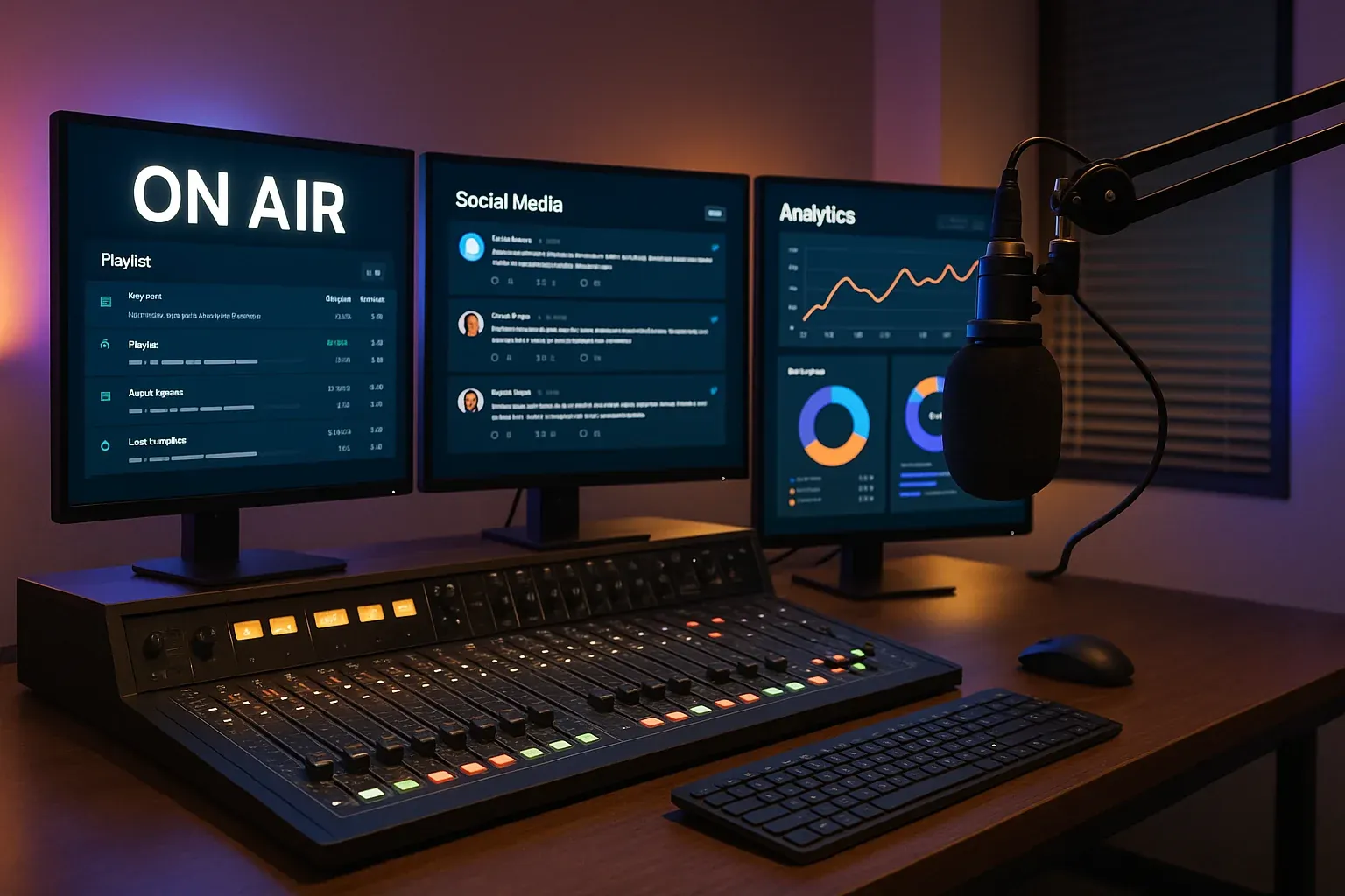 Modern radio broadcasting studio workspace with digital screens showing content dashboards and social media analytics alongside professional microphone equipment