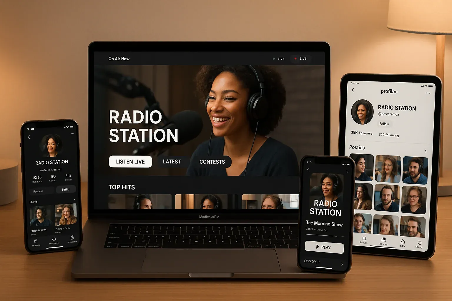 Multiple digital devices displaying a radio station website, social media profiles, and podcast app arranged on a modern desk with soft warm lighting