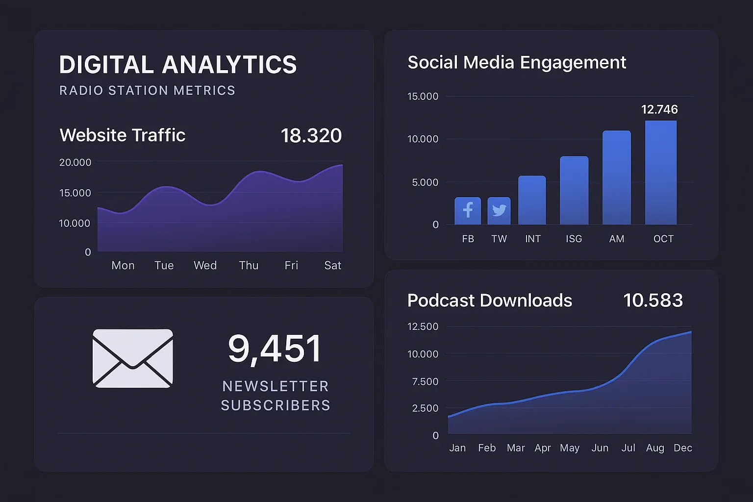 Digital analytics dashboard showing radio station performance metrics including website traffic, social media engagement, and newsletter subscriber growth