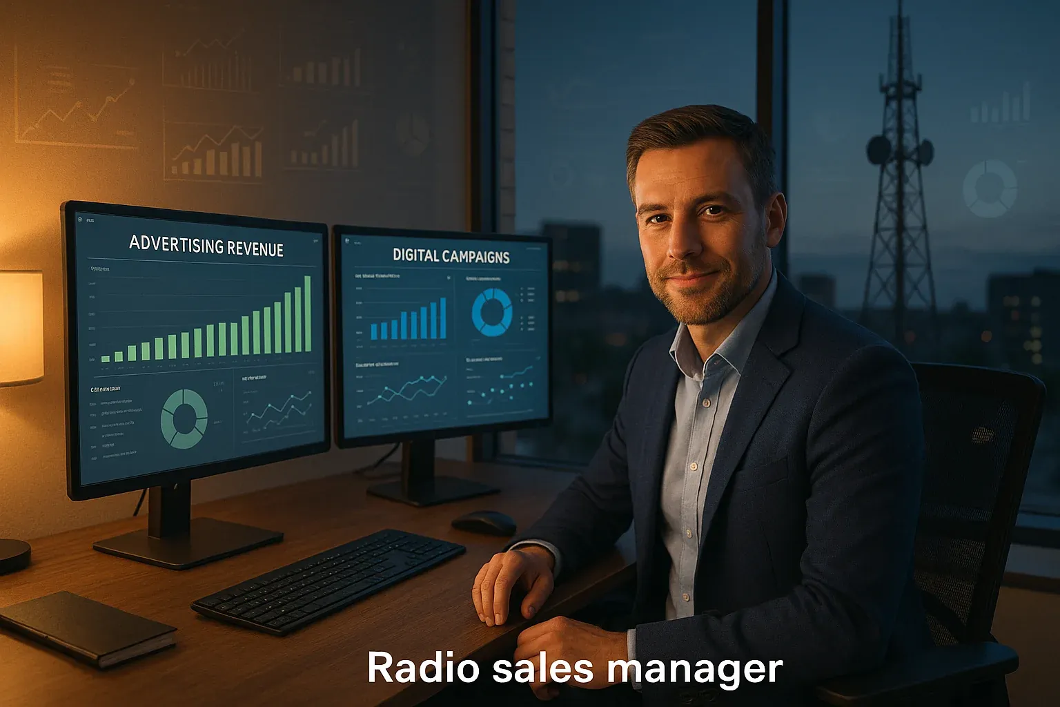 Radio sales manager reviewing advertising revenue dashboards and digital campaign performance data on dual monitors in a modern office with broadcast tower visible through window