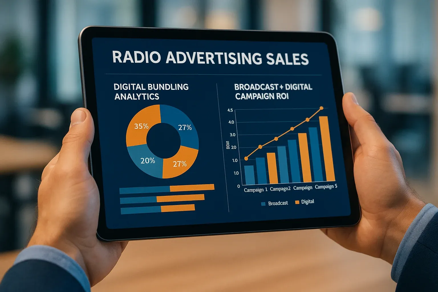 Radio sales professional reviewing digital bundling analytics and broadcast campaign ROI comparison charts on a tablet in a modern office setting