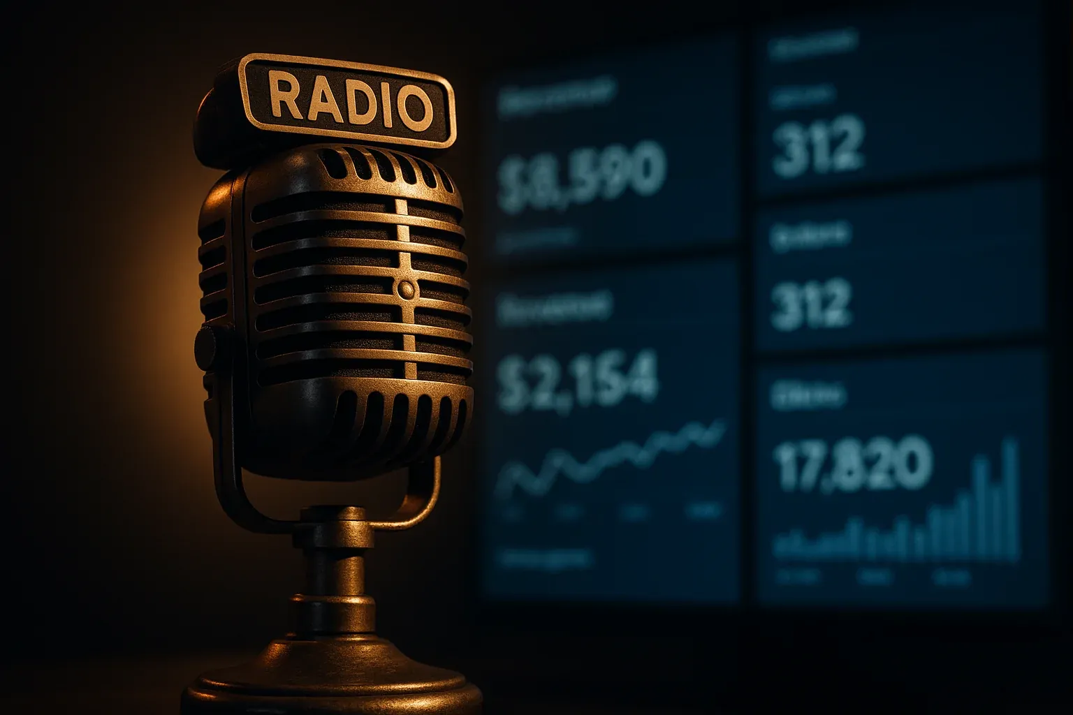 Classic broadcast microphone contrasted against modern digital advertising dashboards representing the evolution from traditional radio sales to digital revenue streams