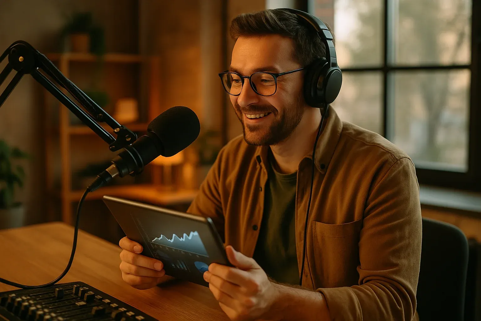 Radio host in a warm studio environment smiling while reviewing performance charts on a tablet at a broadcast desk with microphone and mixing board