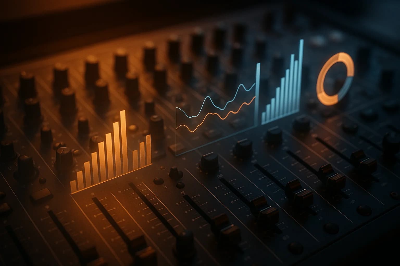 Radio studio control board with glowing performance metrics and data visualizations overlaid on broadcast equipment in warm amber and blue tones