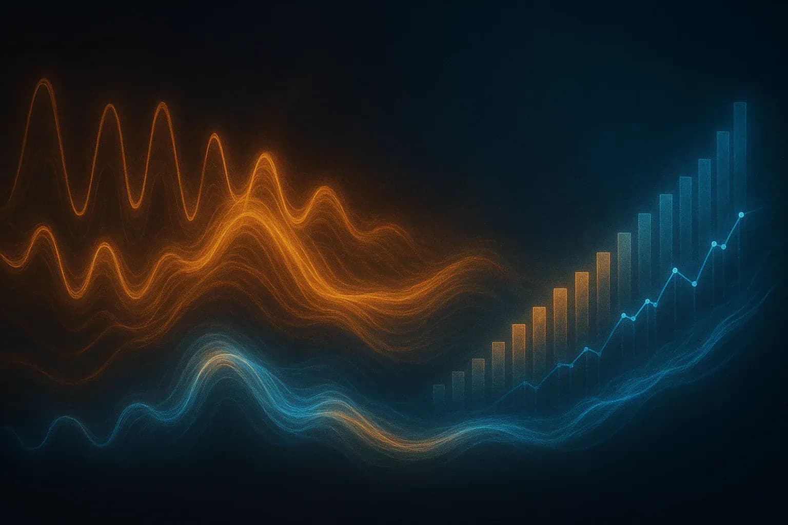 Abstract visualization of radio frequency waves transforming into flowing data streams and analytics graphs in glowing amber and blue tones representing the transformation of broadcast signals into measurable performance data