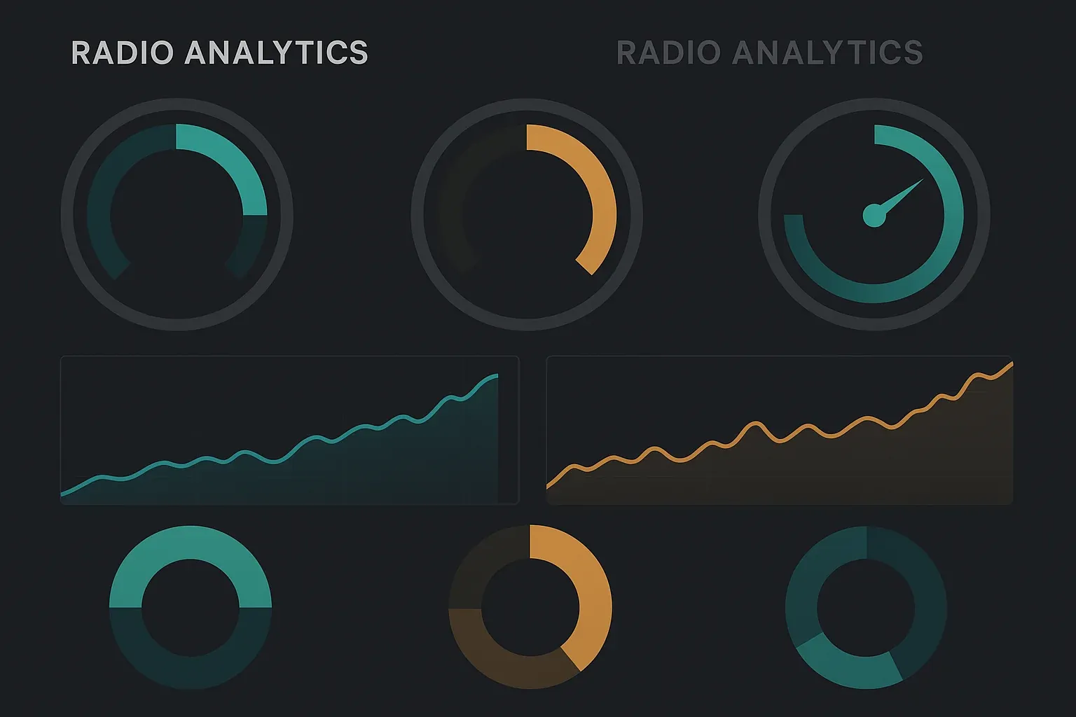 Modern radio analytics dashboard with circular gauge meters, line charts trending upward, and audience segment donut charts in teal and amber showing key performance indicators for radio programming