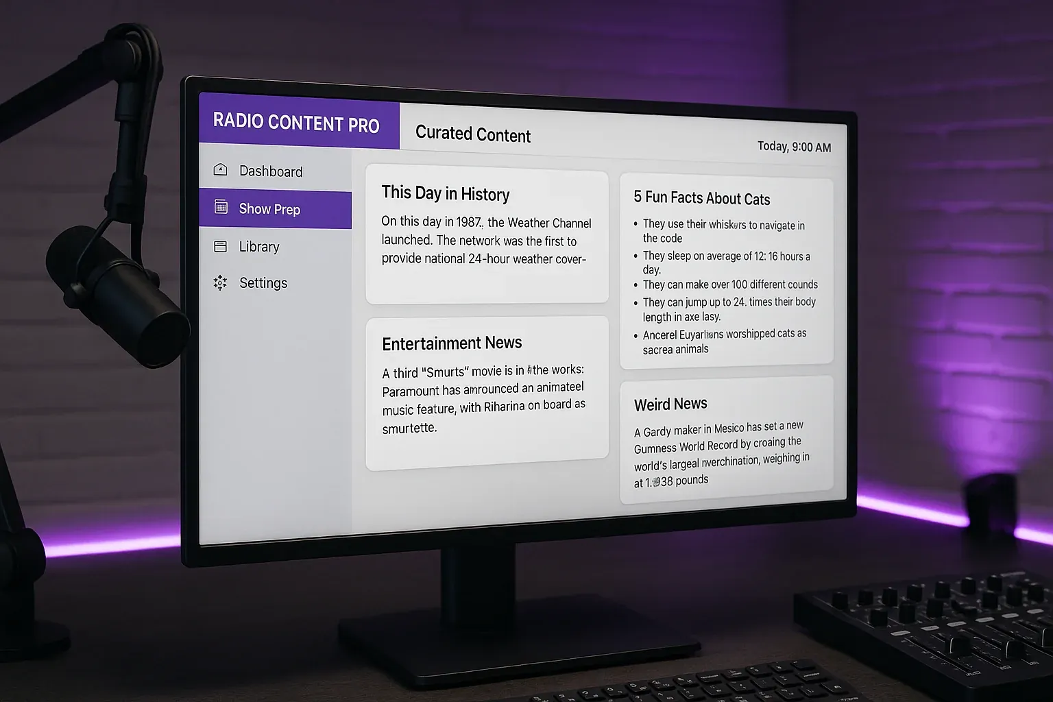 Radio Content Pro dashboard on a monitor showing curated content ready for a show in a modern broadcast studio with purple accent lighting