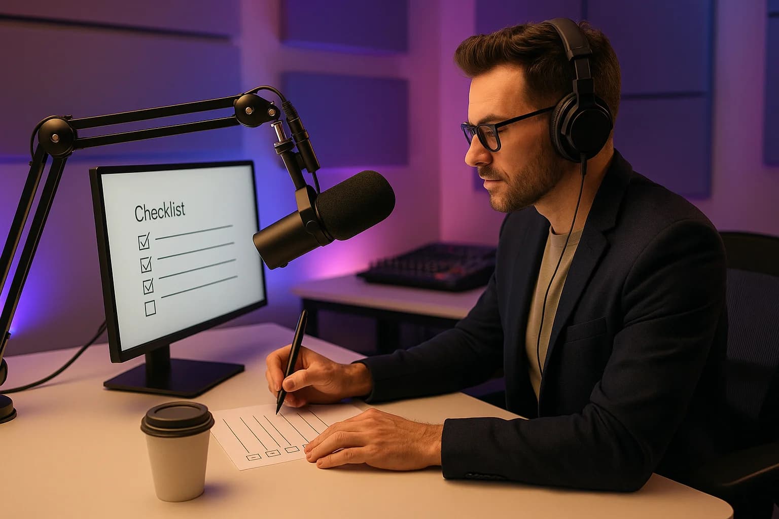 Radio broadcaster efficiently completing a quick show prep checklist at a modern studio desk before going on air