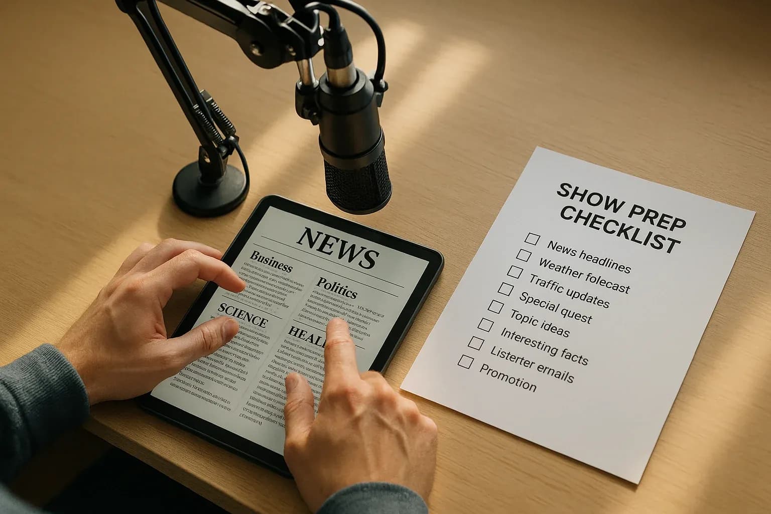 Radio host scanning headlines on a tablet with a printed show prep checklist beside them at the studio desk in morning light