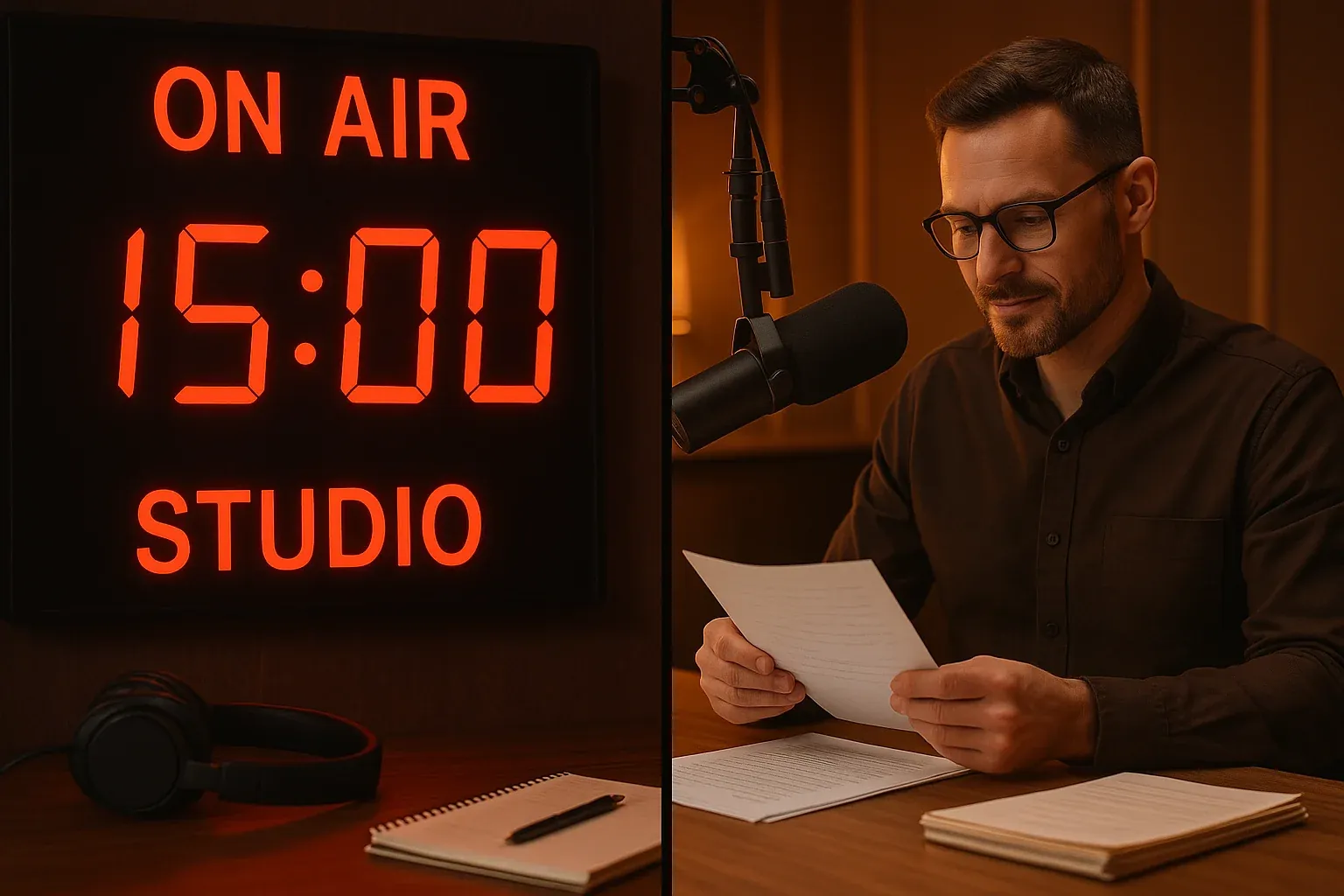 Radio studio clock showing 15 minutes while a broadcaster confidently reviews organized prep notes at their desk with warm studio lighting