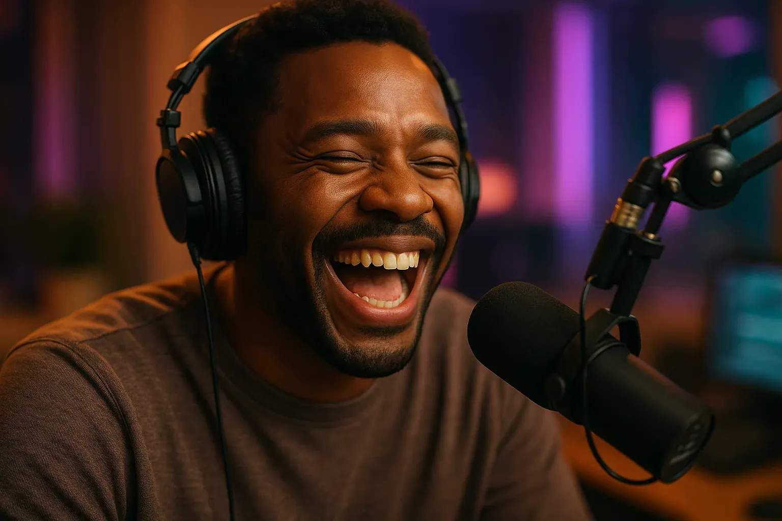 Radio host laughing mid-break at a broadcast microphone in a warm studio with purple accent lighting, capturing the authentic human energy that powers on-air content
