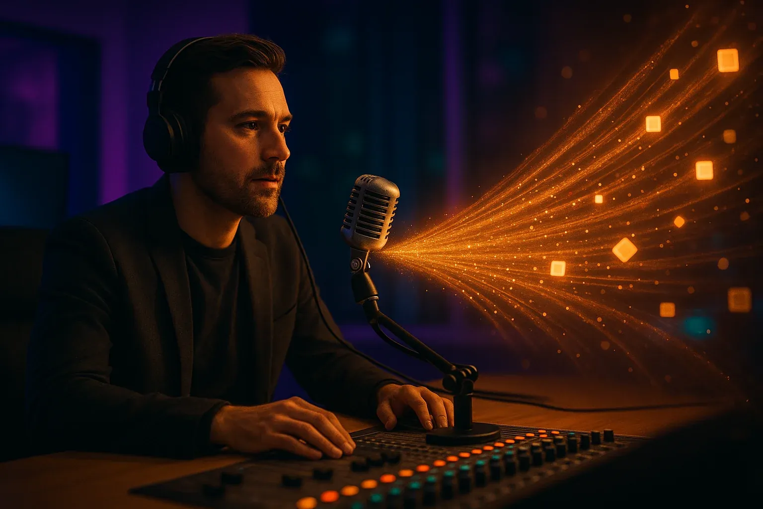 Radio host at a broadcast console with warm orange light streams radiating outward from a vintage microphone into glowing content squares, purple and teal studio lighting