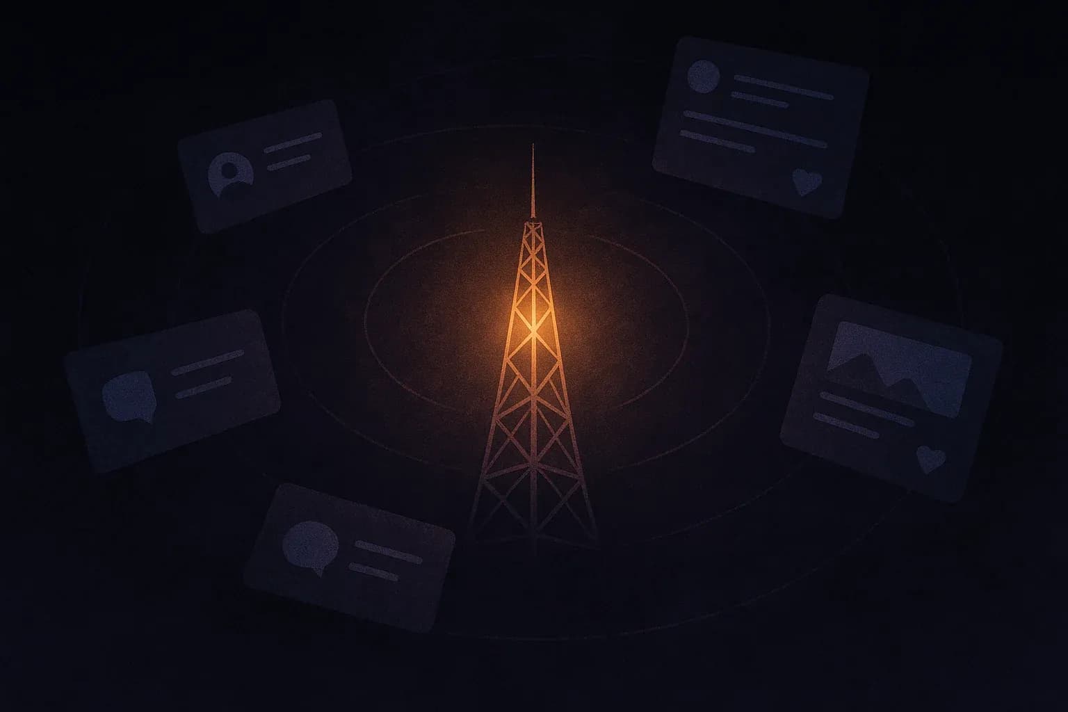 Abstract visualization of a glowing broadcast tower at the center with dim social media feed cards orbiting around it, representing the radio show as the gravitational center of a station's content strategy