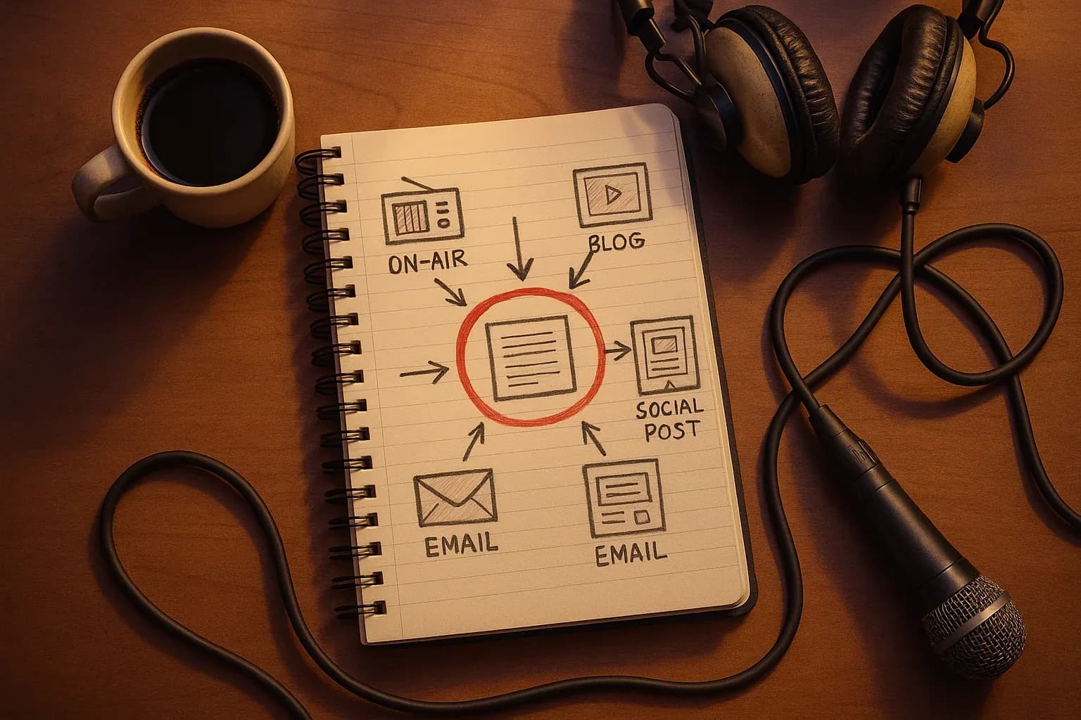 Overhead flat-lay of a radio show content planning notebook with a central story circled in red marker and hand-sketched icons radiating out to on-air, blog, email, and social post destinations, surrounded by coffee cup, headphones, and a microphone
