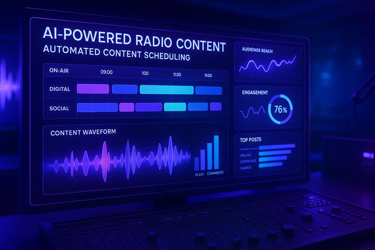 AI-powered radio content dashboard showing automated scheduling across on-air, digital, and social channels with data visualizations and radio waveforms