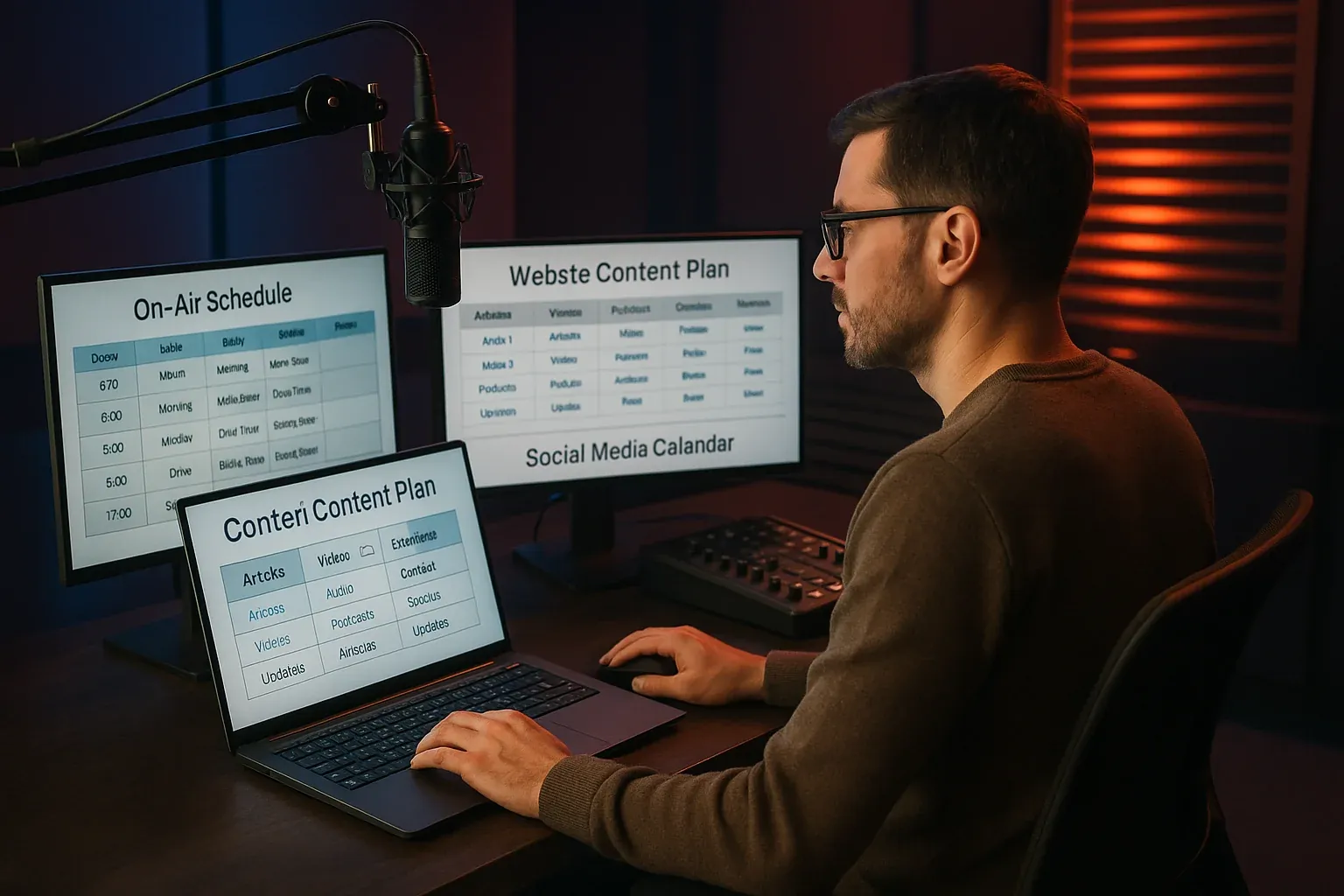 Radio station content strategist reviewing a three-pillar content plan showing on-air, digital, and social media strategy across multiple screens