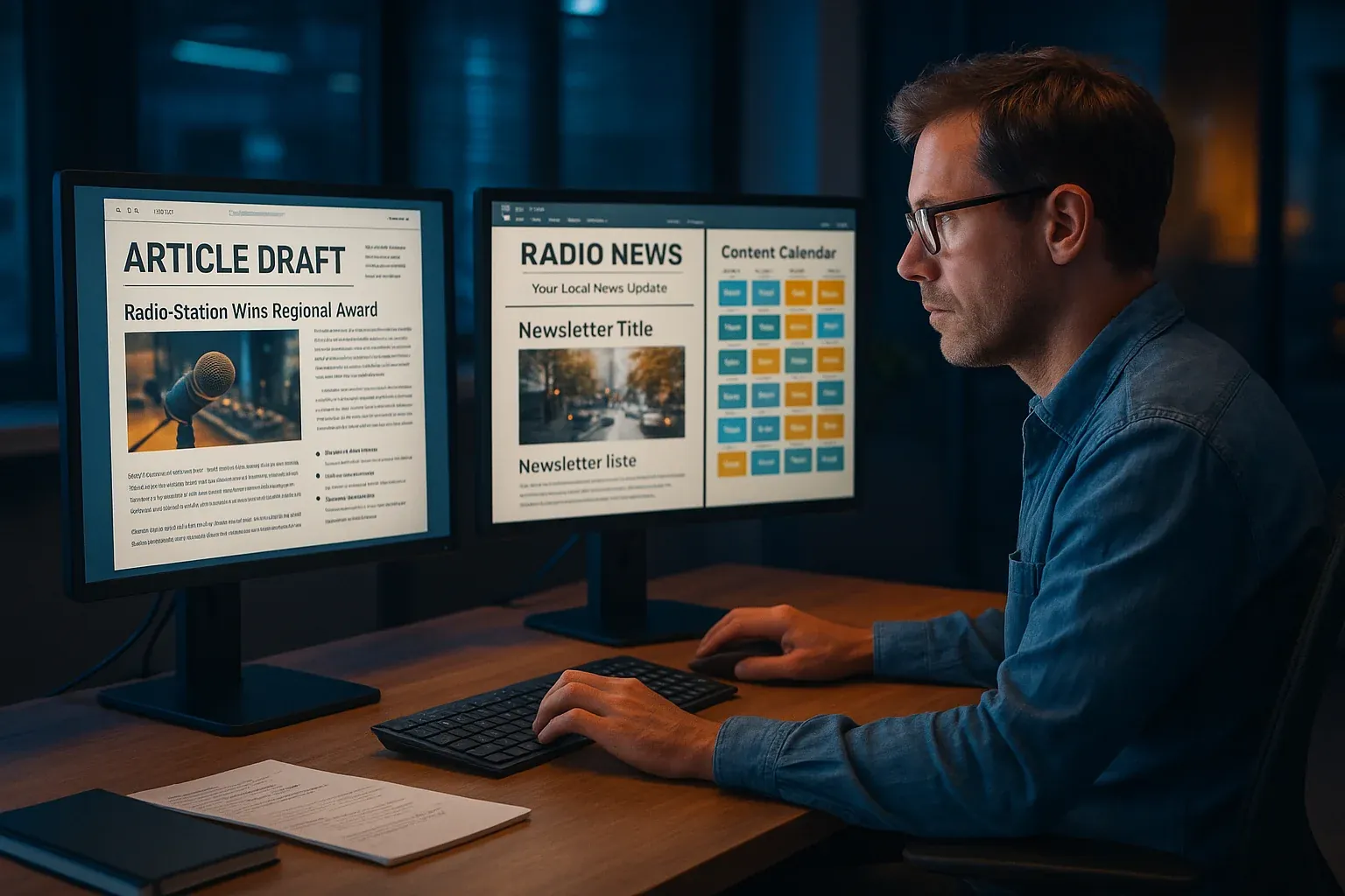 Radio station digital content workflow — editor reviewing website article drafts and email newsletter templates on a modern workstation with an organized content calendar on a second screen