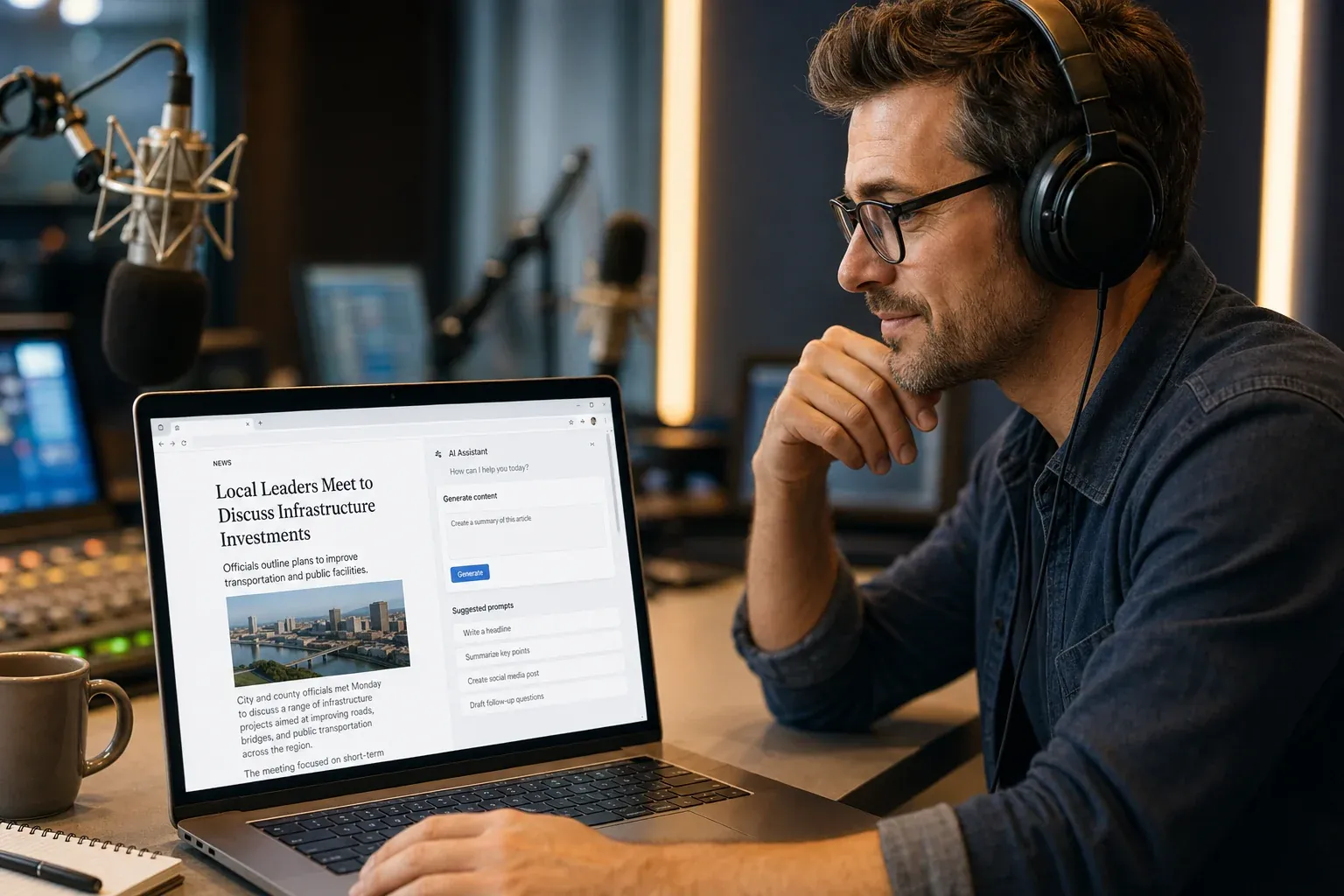 A radio host at a broadcast desk with a laptop showing a news article and an AI assistant side panel