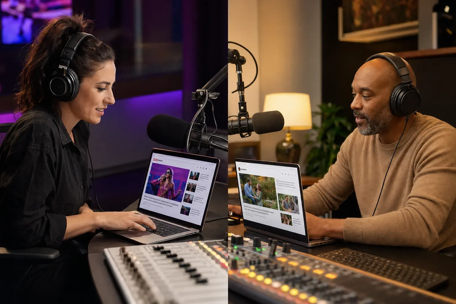 Two radio hosts in separate studios reading the same news article on their laptops, each with distinctly different generated content displayed — illustrating Ava's per-host customization