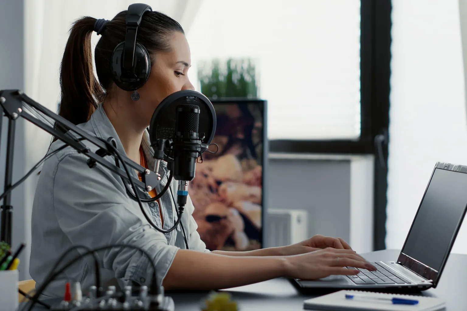 Radio DJ reviewing show prep content on screen while sitting at a professional broadcast console with headphones ready