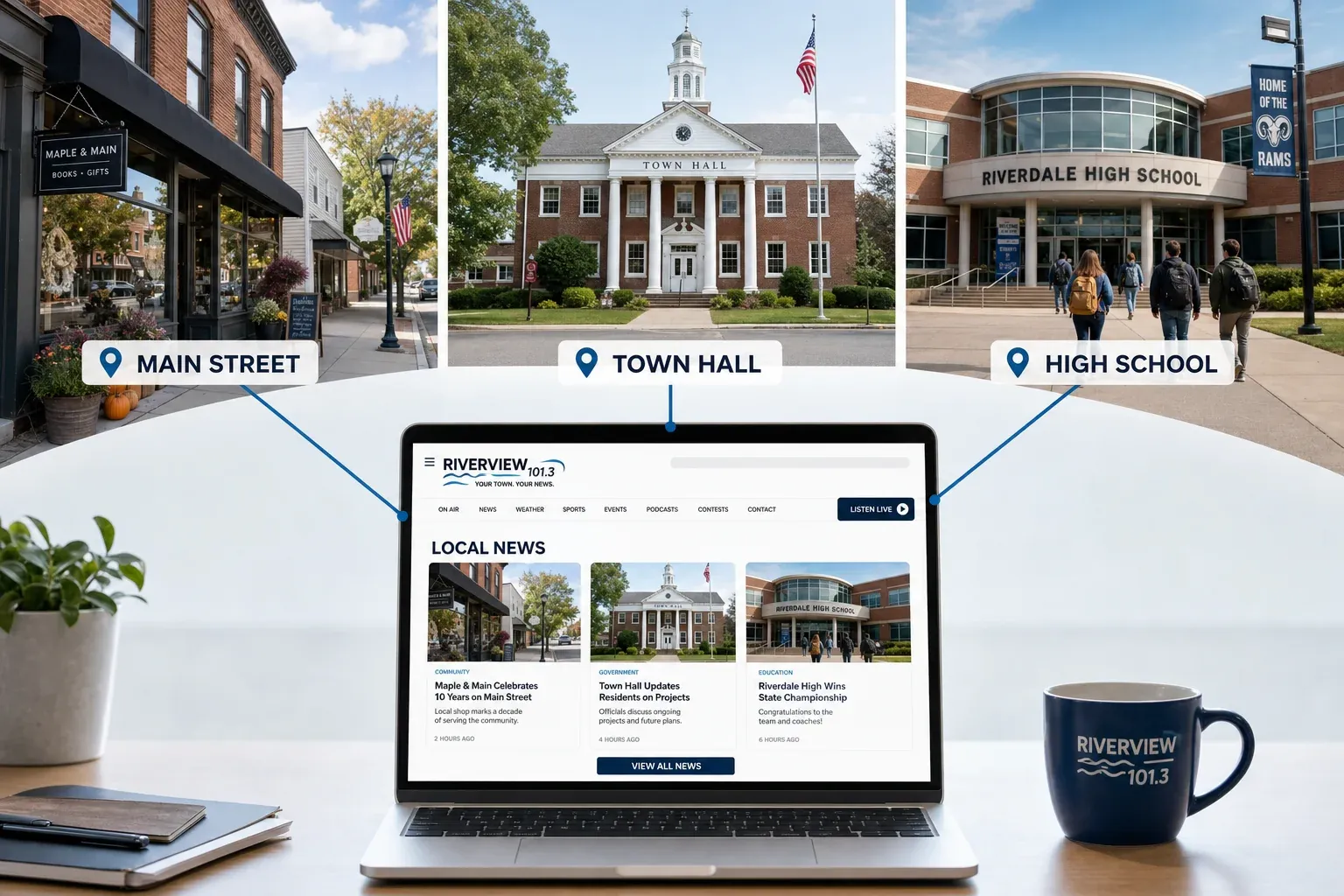 Split view showing local community landmarks connected to a radio station website displaying hyperlocal news articles