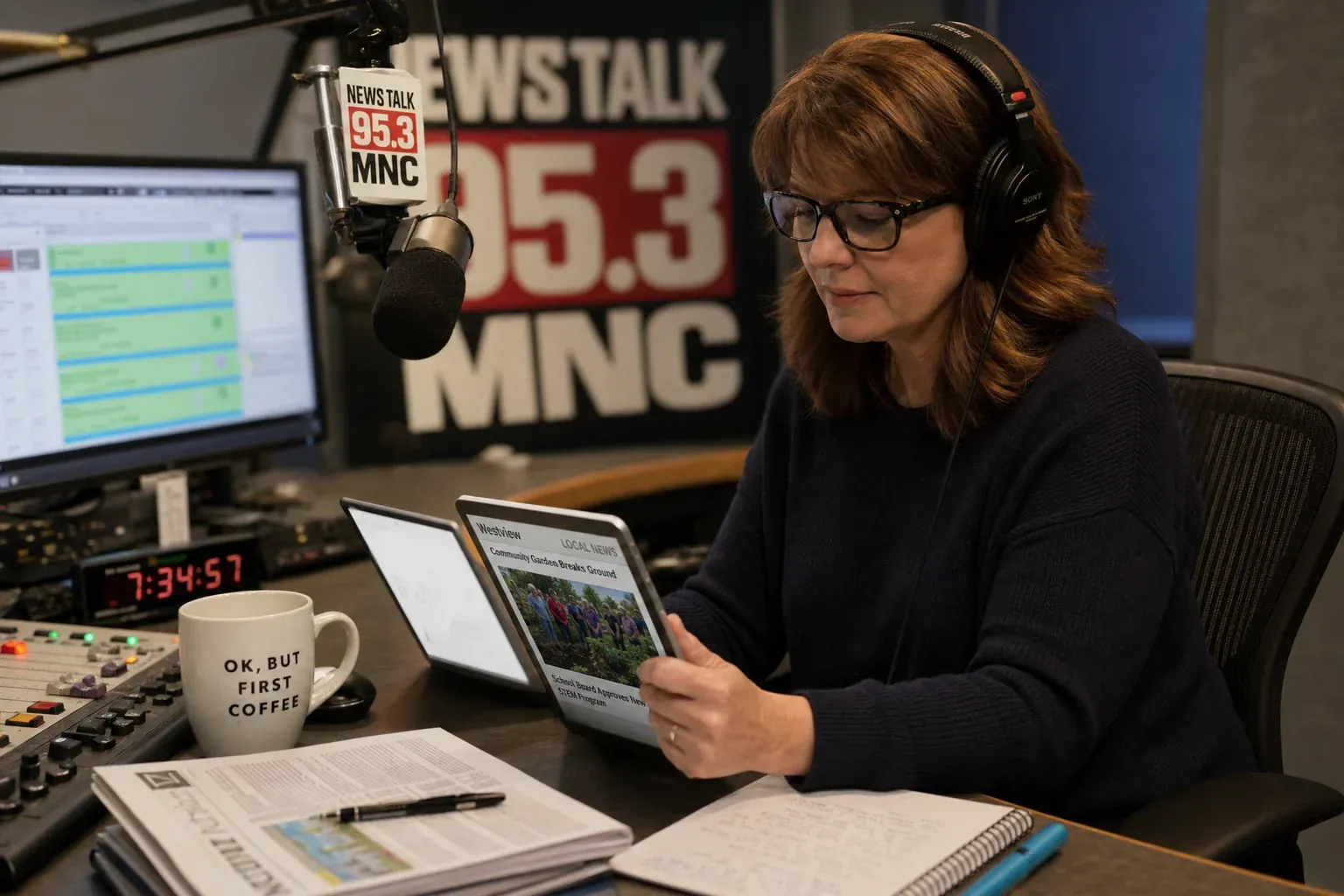 Radio host reviewing hyperlocal content on tablet during morning show preparation at studio desk