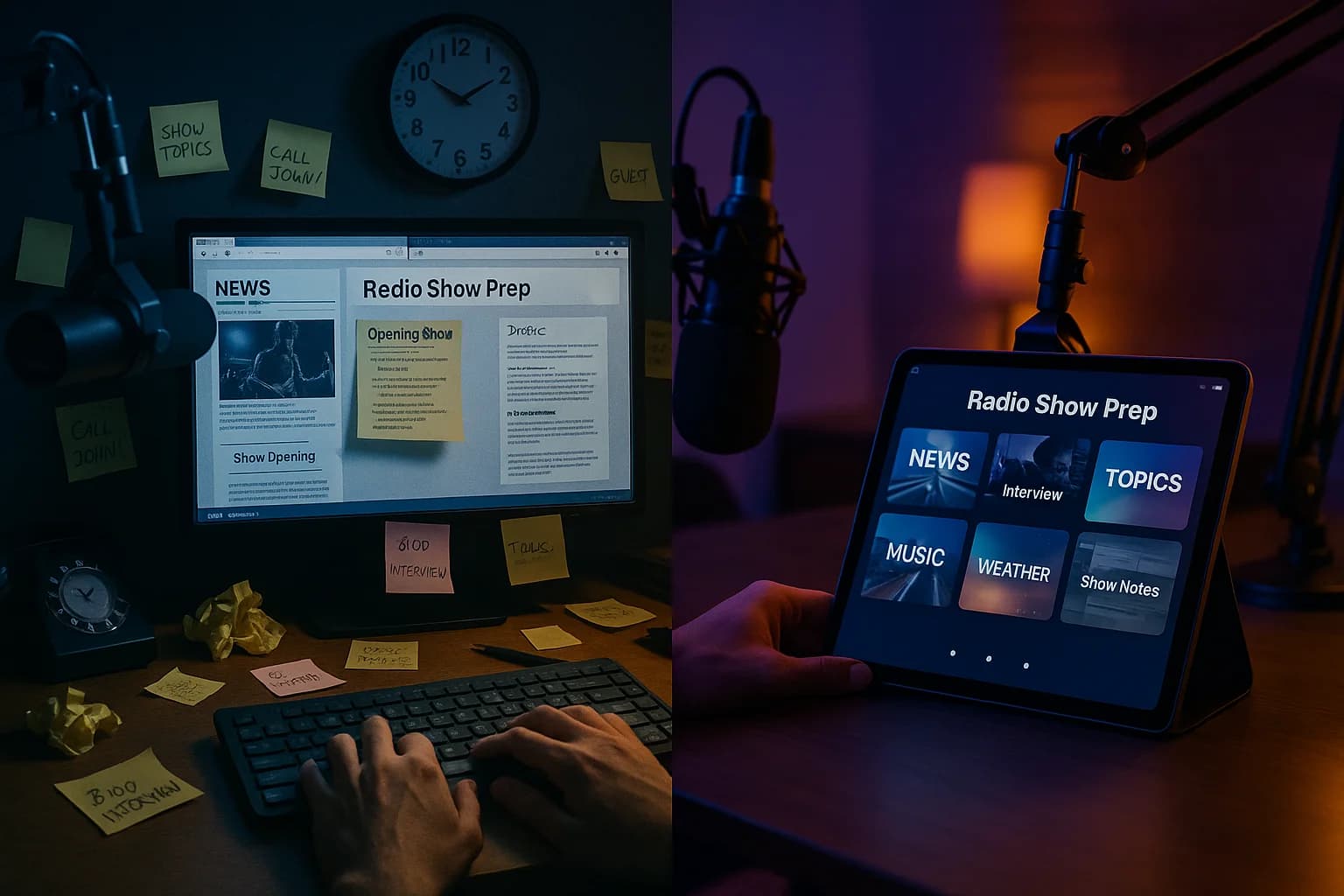 Split-screen comparison showing traditional radio show prep chaos on left versus clean organized RCP dashboard on right