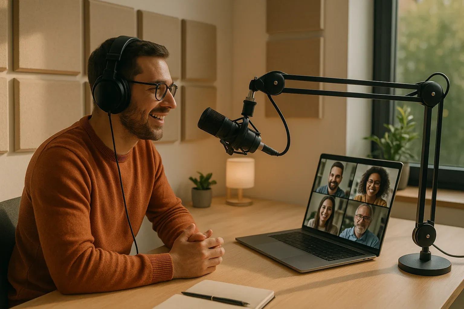 Radio broadcaster at a home studio desk wearing headphones and speaking into a professional microphone with a laptop showing a video call with remote team members in warm natural lighting