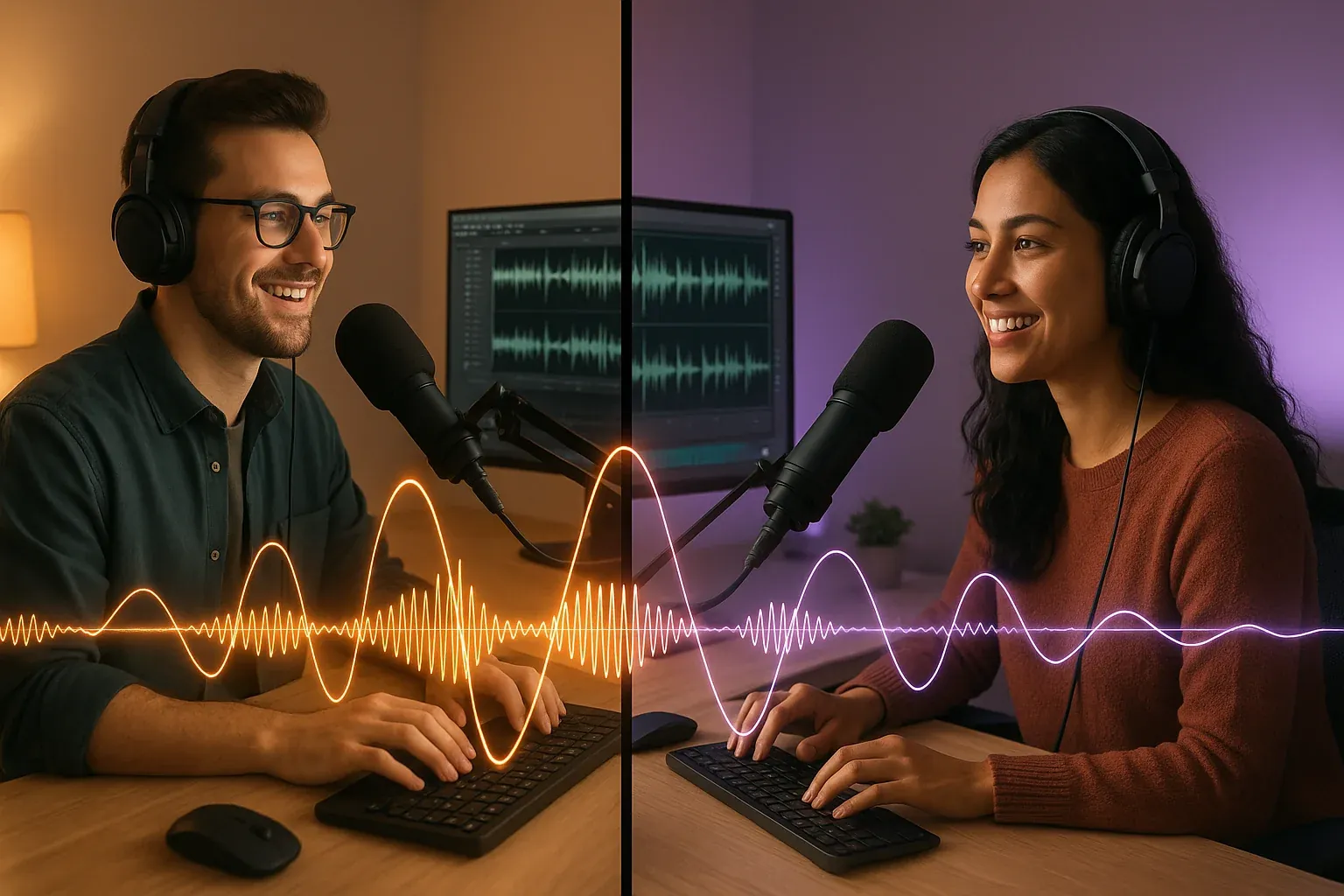 Two radio professionals collaborating remotely from separate home studios connected by glowing digital audio waveforms in warm amber and purple lighting