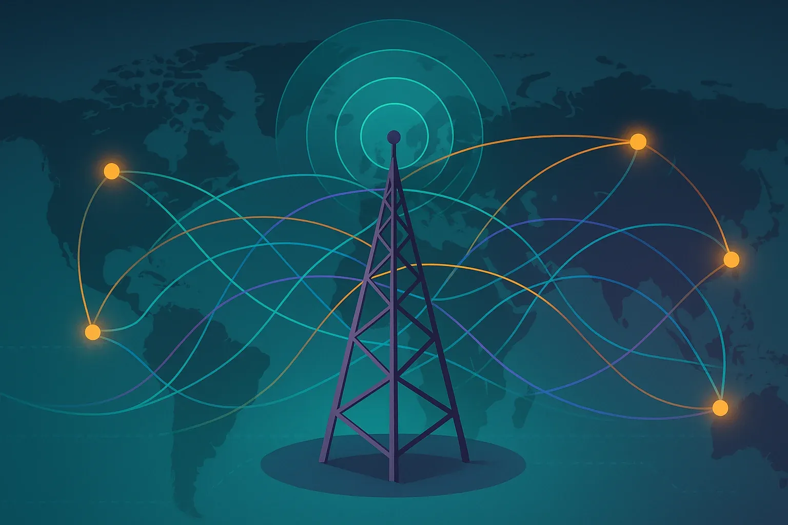 Abstract visualization of a radio broadcast tower emitting colorful interconnected digital signal paths reaching multiple locations on a stylized map representing a distributed radio broadcast network