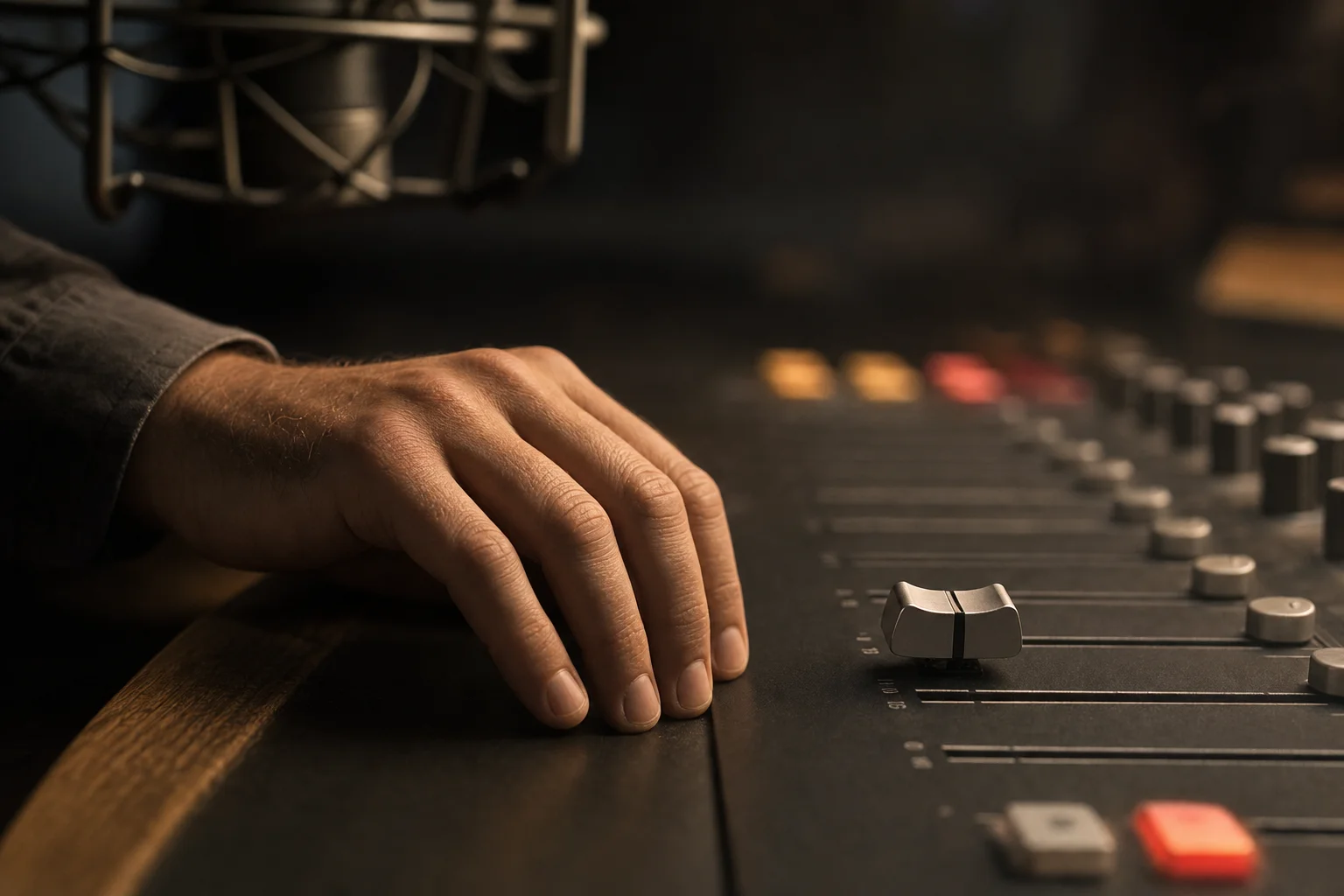 A radio host's hand resting beside a paused fader on a broadcast console in a dim studio, evoking the deliberate use of silence on air