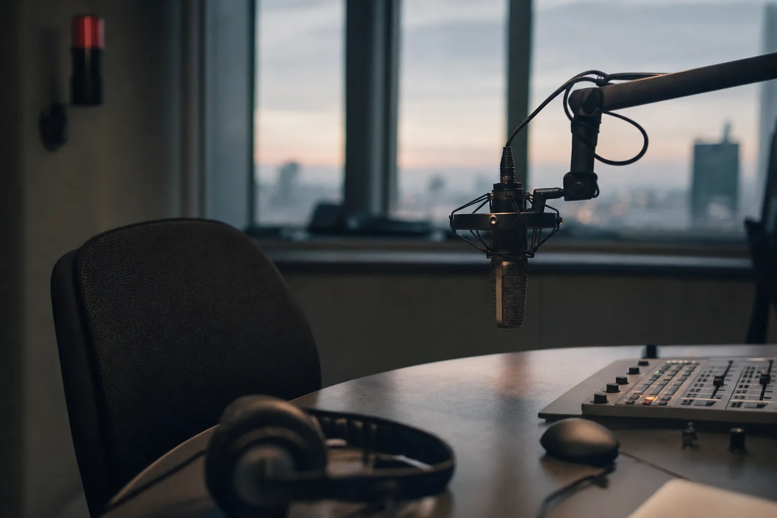 Quiet radio broadcast studio before dawn with an empty host chair and a single microphone lit by soft window light