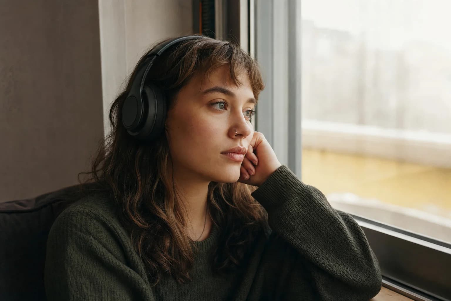 A listener in their early twenties wearing headphones by a window in soft daylight, representing the generation with no memory of 9/11