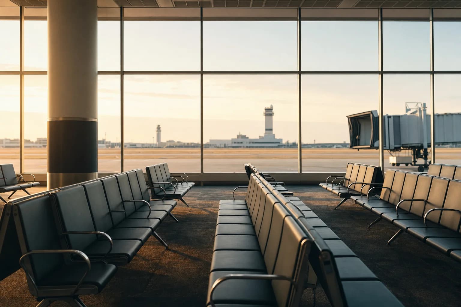 Empty airport gate seating area facing a wide window in quiet morning light, evoking the era when anyone could walk to the gate