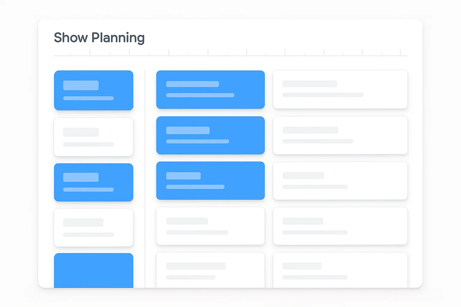 Digital show planning interface with content cards arranged on a timeline