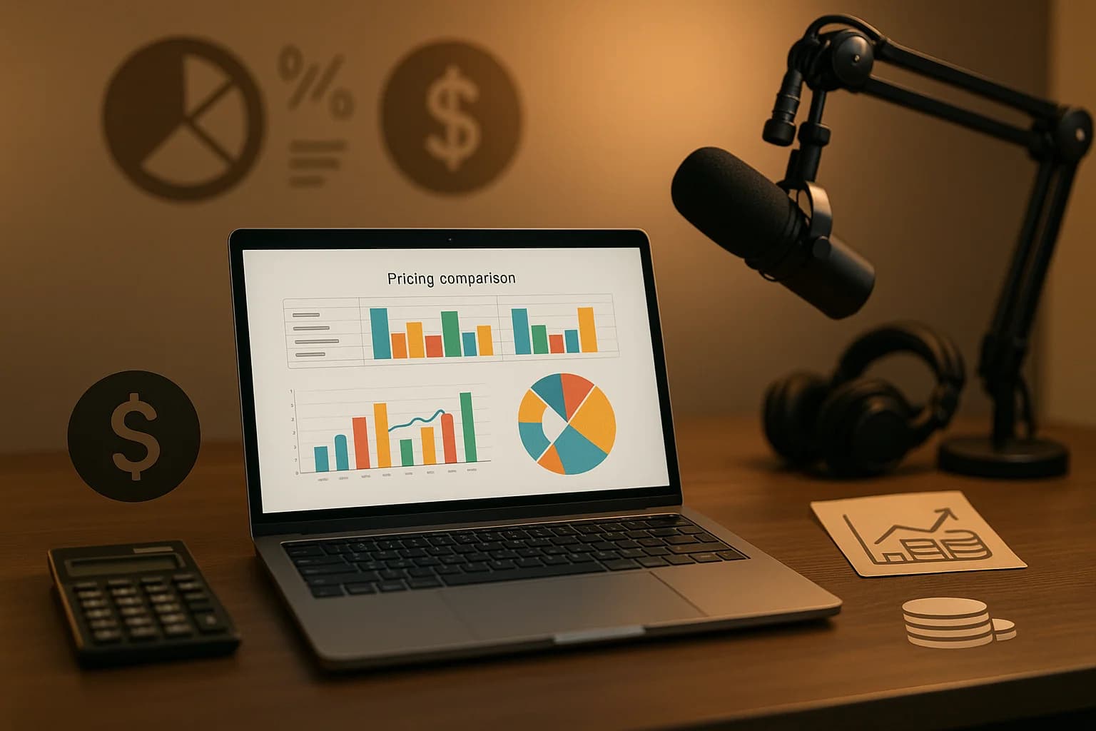 Modern broadcast studio desk with laptop displaying a show prep pricing comparison spreadsheet and budget planning materials