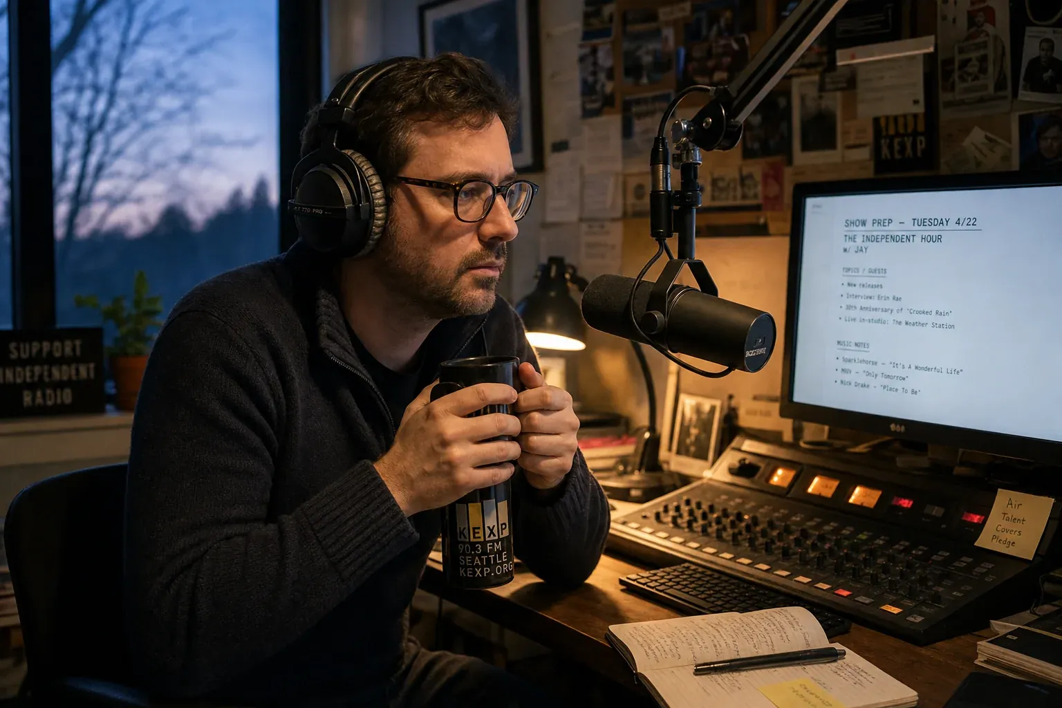 A focused solo radio host at a single-person home studio desk before dawn, warm desk lamp, condenser microphone in close-up, monitor with show-prep notes, hands cradling a coffee mug