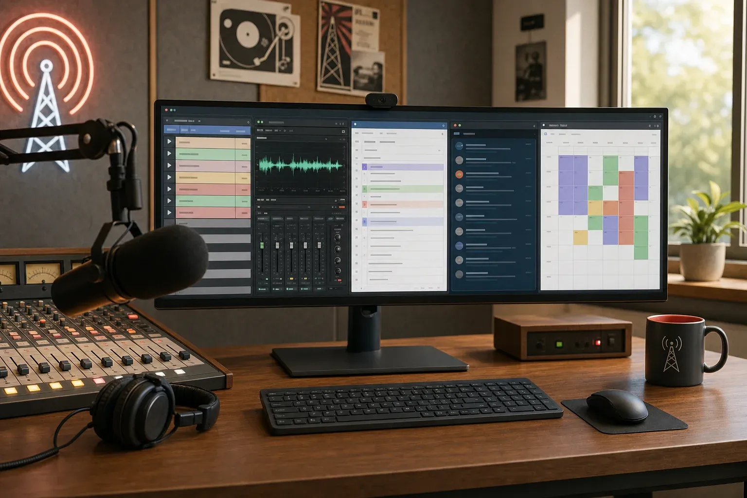 A neat single-person desk with a studio monitor showing five distinct app windows side by side representing different productivity apps, a broadcast microphone in the foreground, a coffee mug to the side, clean modern independent radio studio aesthetic